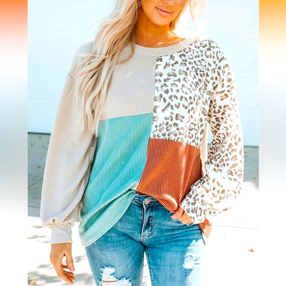Women’s Crewneck Casual Long Sleeve Patchwork Printed Pullover Knit Sweater